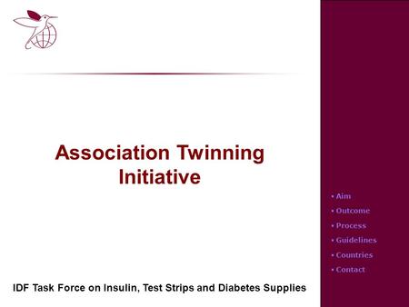 26th Executive Board  Aim  Outcome  Process  Guidelines  Countries  Contact Association Twinning Initiative IDF Task Force on Insulin, Test Strips.