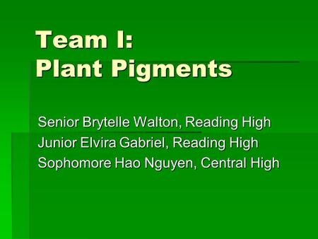Team I: Plant Pigments Senior Brytelle Walton, Reading High Junior Elvira Gabriel, Reading High Sophomore Hao Nguyen, Central High.