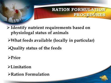 RATION FORMULATION PROCEDURES  Identify nutrient requirements based on physiologal status of animals  What feeds available (locally in particular) 