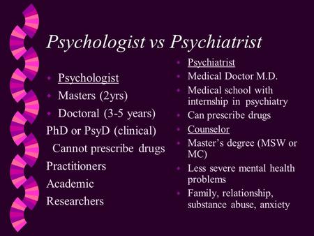 Psychologist vs Psychiatrist w Psychologist w Masters (2yrs) w Doctoral (3-5 years) PhD or PsyD (clinical) Cannot prescribe drugs Practitioners Academic.