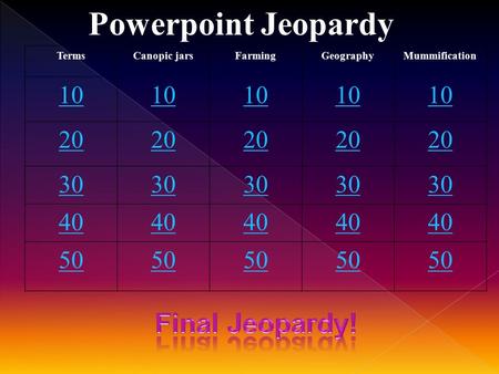 Powerpoint Jeopardy TermsCanopic jarsFarmingGeographyMummification 10 20 30 40 50.