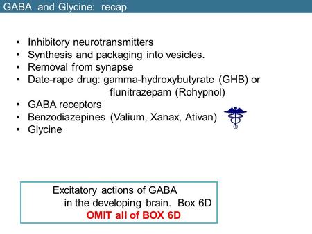 GABA and Glycine: recap Inhibitory neurotransmitters Synthesis and packaging into vesicles. Removal from synapse Date-rape drug: gamma-hydroxybutyrate.