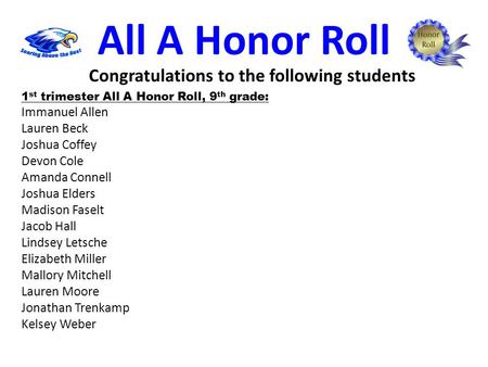 All A Honor Roll 1 st trimester All A Honor Roll, 9 th grade: Immanuel Allen Lauren Beck Joshua Coffey Devon Cole Amanda Connell Joshua Elders Madison.