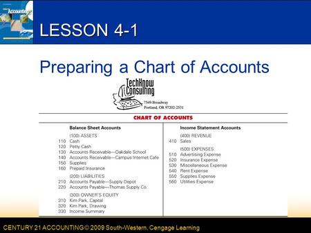 CENTURY 21 ACCOUNTING © 2009 South-Western, Cengage Learning LESSON 4-1 Preparing a Chart of Accounts.