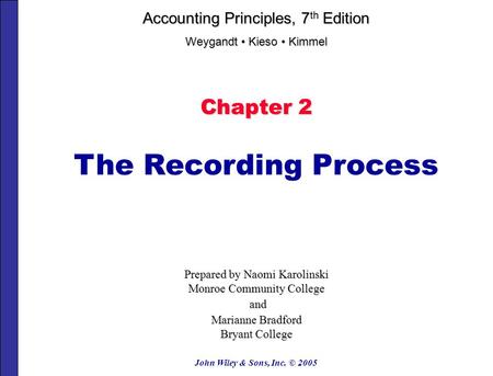 John Wiley & Sons, Inc. © 2005 Chapter 2 The Recording Process Prepared by Naomi Karolinski Monroe Community College and and Marianne Bradford Bryant.