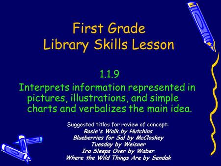 First Grade Library Skills Lesson 1.1.9 Interprets information represented in pictures, illustrations, and simple charts and verbalizes the main idea.