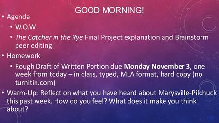 GOOD MORNING! Agenda W.O.W. The Catcher in the Rye Final Project explanation and Brainstorm peer editing Homework Rough Draft of Written Portion due Monday.