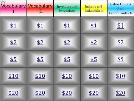 $2 $5 $10 $20 $1 $2 $5 $10 $20 $1 $2 $5 $10 $20 $1 $2 $5 $10 $20 $1 $2 $5 $10 $20 $1 Vocabulary I Vocabulary II Inventors and Inventions Industry and Industrialists.