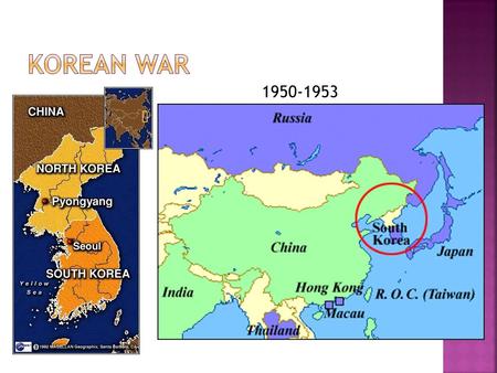 1950-1953.  Korea was divided at the 38 th parallel after WWII  North Korea was occupied by Soviet Union  America occupied South Korea  Division was.