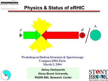 Physics & Status of eRHIC Abhay Deshpande Stony Brook University RIKEN BNL Research Center Workshop on Hadron Structure & Spectroscopy Compass 2004, Paris.