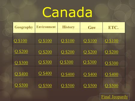 Canada Geography Environment History Gov ETC. Q $100 Q $200 Q $300 Q $400 Q $500 Q $100 Q $200 Q $300 Q $400 Q $500 Final Jeopardy.