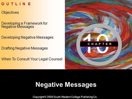 Learning Objective Chapter 10 Negative Messages Copyright © 2000 South-Western College Publishing Co. Objectives O U T L I N E Developing Negative Messages.