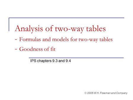 Analysis of two-way tables - Formulas and models for two-way tables - Goodness of fit IPS chapters 9.3 and 9.4 © 2006 W.H. Freeman and Company.