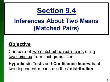 1 Objective Compare of two matched-paired means using two samples from each population. Hypothesis Tests and Confidence Intervals of two dependent means.