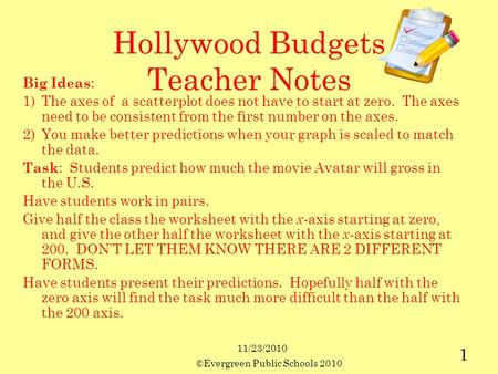 11/23/2010 ©Evergreen Public Schools 2010 1 Hollywood Budgets Teacher Notes Big Ideas : 1)The axes of a scatterplot does not have to start at zero. The.