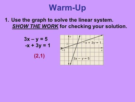 Warm-Up 1. Use the graph to solve the linear system. SHOW THE WORK for checking your solution. 3x – y = 5 -x + 3y = 1 (2,1)