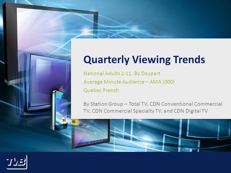 1 Quarterly Viewing Trends National Adults 2-11, By Daypart Average Minute Audience – AMA (000) Quebec French By Station Group – Total TV, CDN Conventional.