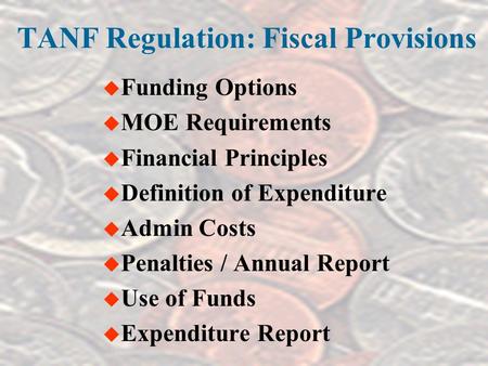 TANF Regulation: Fiscal Provisions u Funding Options u MOE Requirements u Financial Principles u Definition of Expenditure u Admin Costs u Penalties /