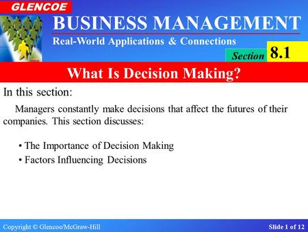 Copyright © Glencoe/McGraw-Hill Slide 1 of 12 BUSINESS MANAGEMENT Real-World Applications & Connections GLENCOE Section 8.1 What Is Decision Making? In.