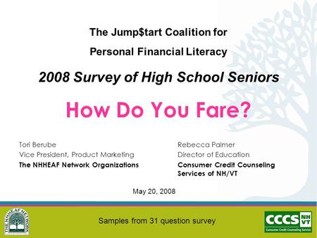 The Jump$tart Coalition for Personal Financial Literacy 2008 Survey of High School Seniors How Do You Fare? Tori BerubeRebecca Palmer Vice President, Product.