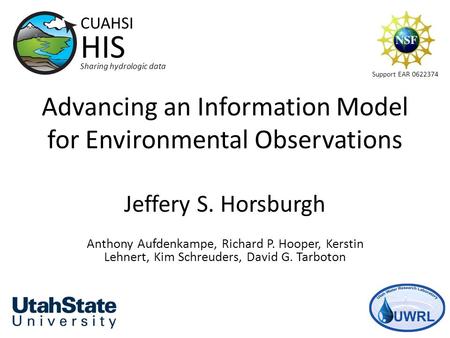 Advancing an Information Model for Environmental Observations Jeffery S. Horsburgh Anthony Aufdenkampe, Richard P. Hooper, Kerstin Lehnert, Kim Schreuders,