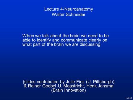 1 of 40 Lecture 4-Neuroanatomy Walter Schneider When we talk about the brain we need to be able to identify and communicate clearly on what part of the.