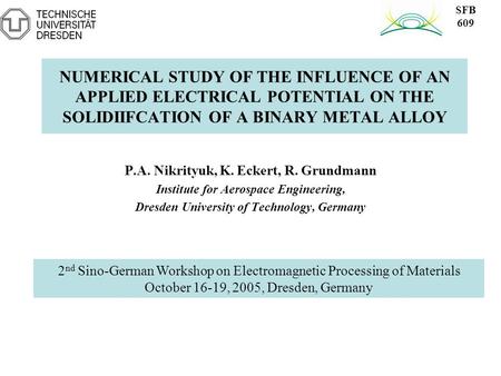 NUMERICAL STUDY OF THE INFLUENCE OF AN APPLIED ELECTRICAL POTENTIAL ON THE SOLIDIIFCATION OF A BINARY METAL ALLOY P.A. Nikrityuk, K. Eckert, R. Grundmann.