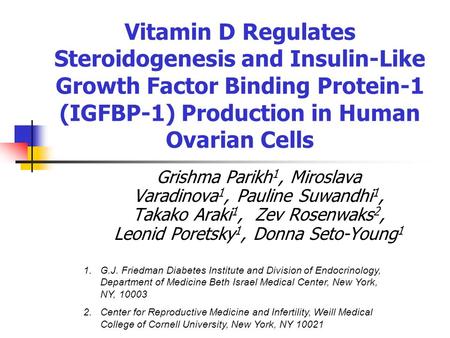 Vitamin D Regulates Steroidogenesis and Insulin-Like Growth Factor Binding Protein-1 (IGFBP-1) Production in Human Ovarian Cells Grishma Parikh 1, Miroslava.