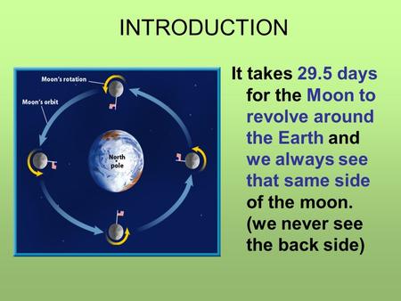It takes 29.5 days for the Moon to revolve around the Earth and we always see that same side of the moon. (we never see the back side) INTRODUCTION.