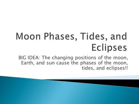 BIG IDEA: The changing positions of the moon, Earth, and sun cause the phases of the moon, tides, and eclipses!!