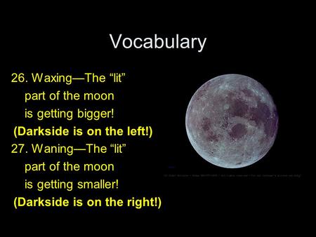 Vocabulary 26. Waxing—The “lit” part of the moon is getting bigger!