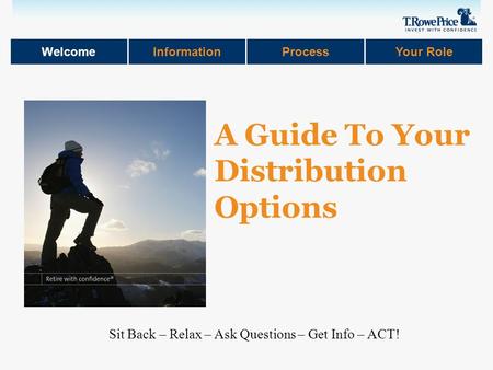 WelcomeInformationProcessYour Role Sit Back – Relax – Ask Questions – Get Info – ACT! A Guide To Your Distribution Options.