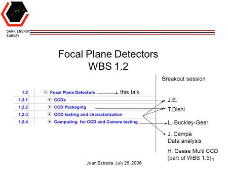 Juan Estrada July 25, 2006 1 Focal Plane Detectors WBS 1.2 this talk Breakout session L. Buckley-Geer J.E. T.Diehl H. Cease Multi CCD (part of WBS 1.5)
