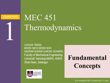 1 MEC 451 Thermodynamics Fundamental Concepts CHAPTER