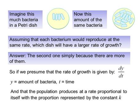 Imagine this much bacteria in a Petri dish Now this amount of the same bacteria Assuming that each bacterium would reproduce at the same rate, which dish.