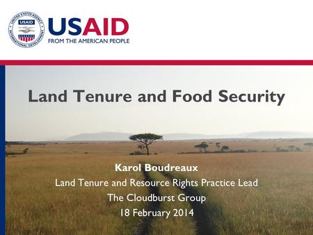 Land Tenure and Food Security Karol Boudreaux Land Tenure and Resource Rights Practice Lead The Cloudburst Group 18 February 2014.