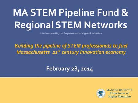 Building the pipeline of STEM professionals to fuel Massachusetts 21 st century innovation economy MA STEM Pipeline Fund & Regional STEM Networks Administered.