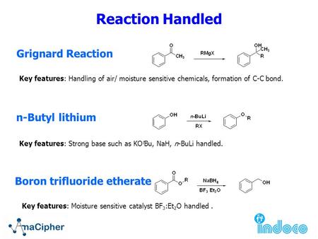 Grignard Reaction Key features: Handling of air/ moisture sensitive chemicals, formation of C-C bond. n-Butyl lithium Key features: Strong base such as.