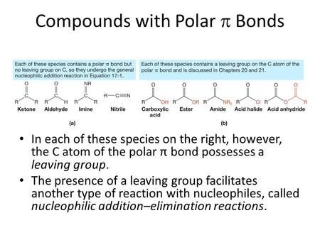 Compounds with Polar  Bonds In each of these species on the right, however, the C atom of the polar π bond possesses a leaving group. The presence of.