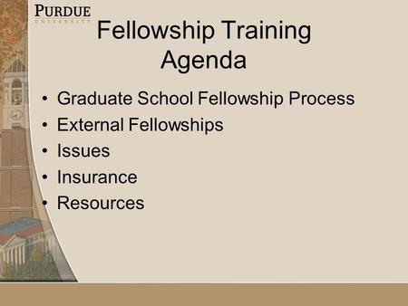 Fellowship Training Agenda Graduate School Fellowship Process External Fellowships Issues Insurance Resources.