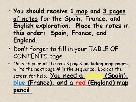 You should receive 1 map and 3 pages of notes for the Spain, France, and English exploration. Place the notes in this order: Spain, France, and England.