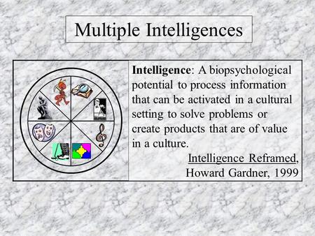Multiple Intelligences Intelligence: A biopsychological potential to process information that can be activated in a cultural setting to solve problems.
