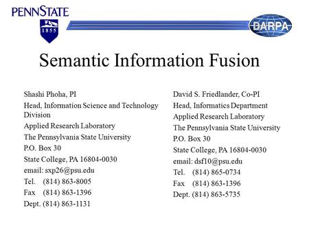 1 8 5 5 Semantic Information Fusion Shashi Phoha, PI Head, Information Science and Technology Division Applied Research Laboratory The Pennsylvania State.