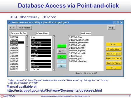 NSTX-U Monday Physics Meeting– Data Analysis Tools, Bill Davis (8/26/2013) 1 Database Access via Point-and-click IDL> dbaccess, ‘blobs’ Manual available.