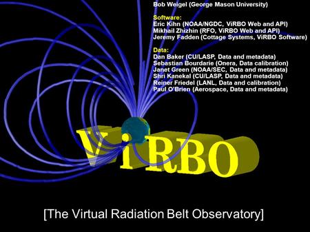 [The Virtual Radiation Belt Observatory] Bob Weigel (George Mason University) Software: Eric Kihn (NOAA/NGDC, ViRBO Web and API) Mikhail Zhizhin (RFO,