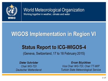 World Meteorological Organization Working together in weather, climate and water WIGOS Implementation in Region VI WMO Dieter Schröder Chair WG-TDI Deutscher.