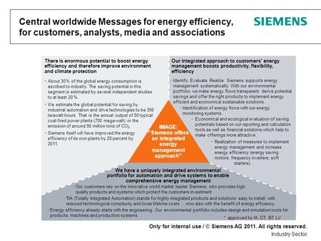 Only for internal use / © Siemens AG 2011. All rights reserved. Industry Sector Central worldwide Messages for energy efficiency, for customers, analysts,
