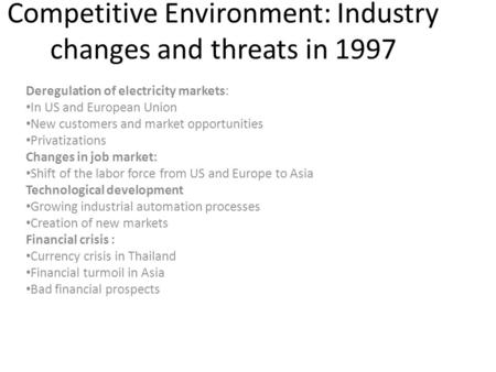 Competitive Environment: Industry changes and threats in 1997 Deregulation of electricity markets: In US and European Union New customers and market opportunities.