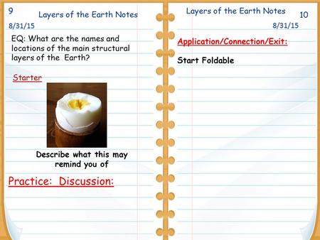 Layers of the Earth Notes 10 Starter Layers of the Earth Notes 8/31/15 Application/Connection/Exit: Start Foldable Practice: Discussion: 9 Describe what.