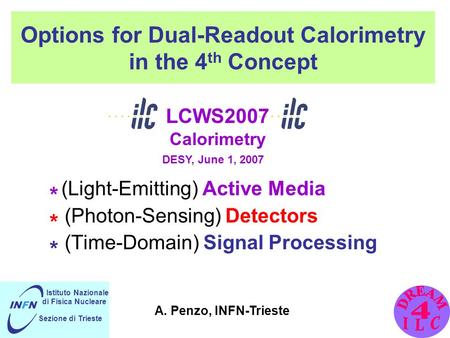 Options for Dual-Readout Calorimetry in the 4 th Concept * (Light-Emitting) Active Media * (Photon-Sensing) Detectors * (Time-Domain) Signal Processing.
